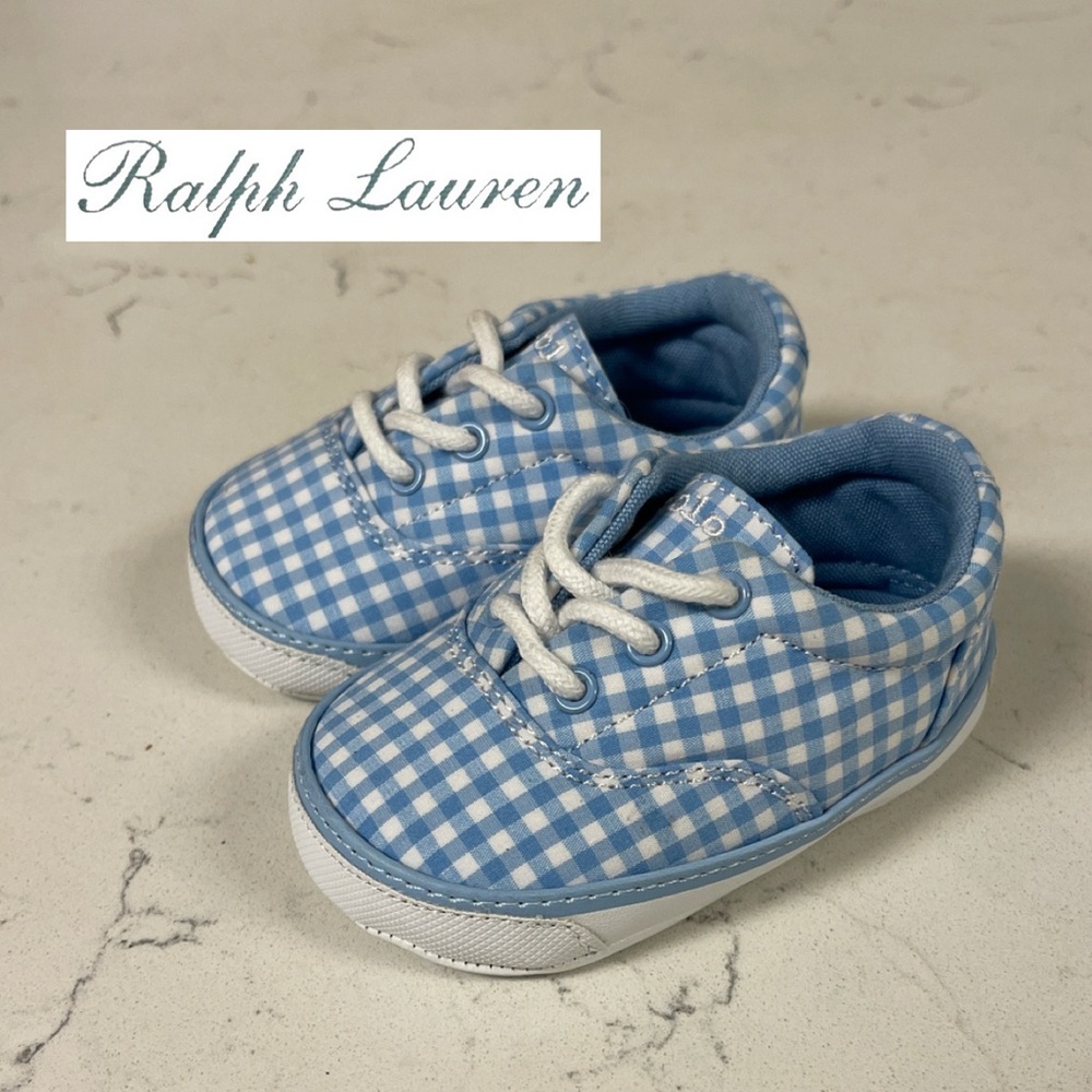 Ralph Lauren Polo Keaton Blue Gingham Baby Crib Shoes Size 2